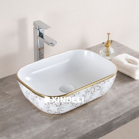 Whatsapp/Wechat: +8618316066663 wa.me/8618316066663 Email: info@xindeliceramic.com Washbasin Tiles, Bathroom Vanity Luxury, Gold White Bathroom, Gold Wash Basin, Washbasin Counter, Powder Room Modern, Wash Basin Counter, Modern Pedestal Sink, White Bathroom Sink