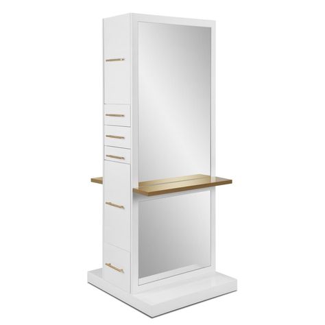 Double Sided Salon Styling & Barber Stations | Minerva Beauty Gold Shelf, Hair Salon Furniture, Minerva Beauty, Salon Styling Stations, Home Beauty Salon, Salon Mirrors, Gold Shelves, Full Length Mirrors, Hair Salon Interior