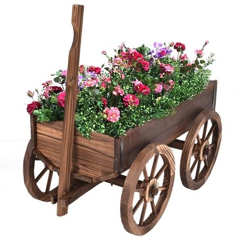 Wood Wagon Planter Pot Stand with Wheels - 47.2" x 17.0" x 21.0"(L x W x H) - On Sale - Bed Bath & Beyond - 28430428 Wagon Flower Planter, Wagon Planter, Wood Wagon, Wagon Cart, Wooden Wagon, Barrel Planter, Flower Cart, Pot Stand, Wood Plant Stand