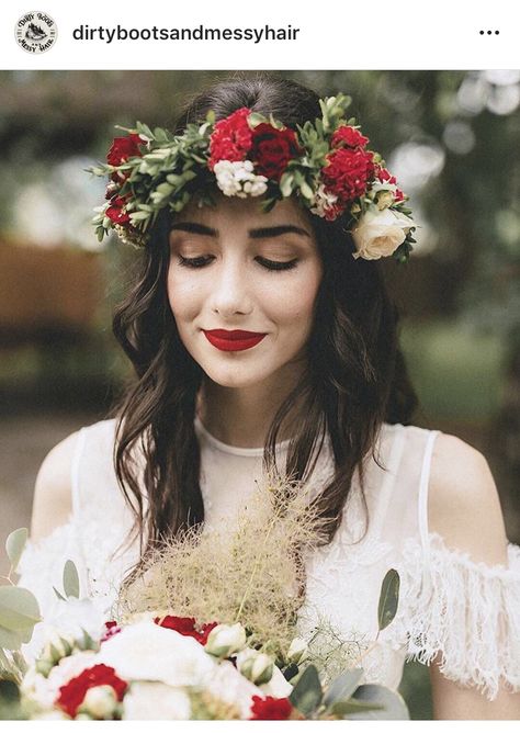 Lace wedding dress and flower head wreath and red lip Bridal Head Wreath, Head Wreath Wedding, Flower Garland Hair, Red Flower Crown, Floral Head Wreath, Flower Head Wreaths, Flower Wreath Hair, Flower Crown Bride, Rose Flower Crown