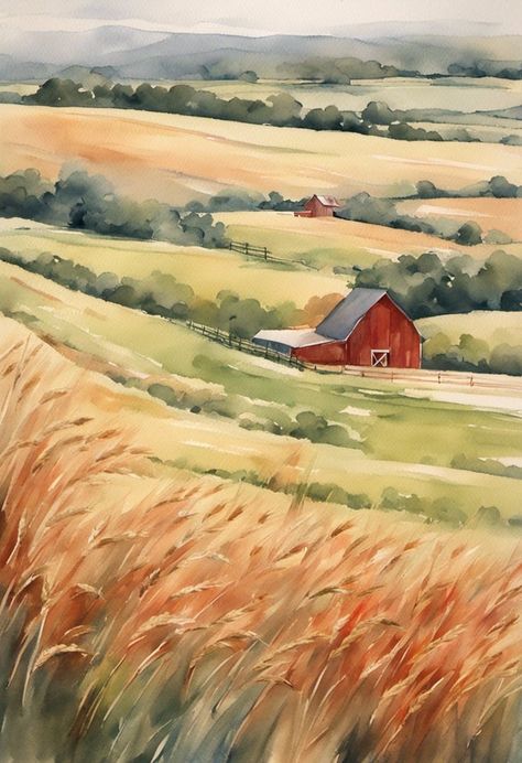 Watercolor Farm Landscape, Watercolor Landscape Art, Farm Watercolor Paintings, Prairie Watercolor, Watercolor Cottages, Country Watercolor, Farmhouse Watercolor, Watercolor Farmhouse, Contemporary Watercolor Art