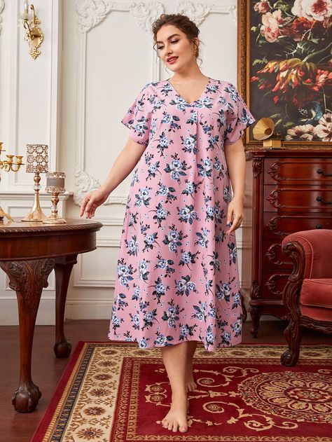 Dusty Pink Casual Short Sleeve Polyester Floral,All Over Print Sleepshirts Embellished Non-Stretch Women Plus Sleep & Lounge Floral Print Sleep Dress, Night Ware, Plus Size Nightgowns, Night Wear Dress, Cotton Tops Designs, Cotton Night Dress, Girls Sundress, Neck Designs For Suits, Cotton Dress Summer