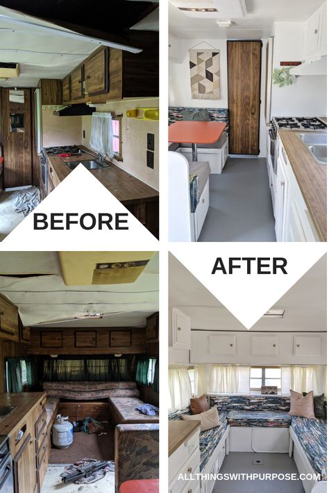 Before and After Pictures of our 1977 Vintage Camper Caravan Renovation Before And After, Diy Glamping, Glamper Camper, Camper Diy, Architecture Renovation, Caravan Makeover, Camper Trailer Remodel, Vintage Camper Remodel, Old Campers