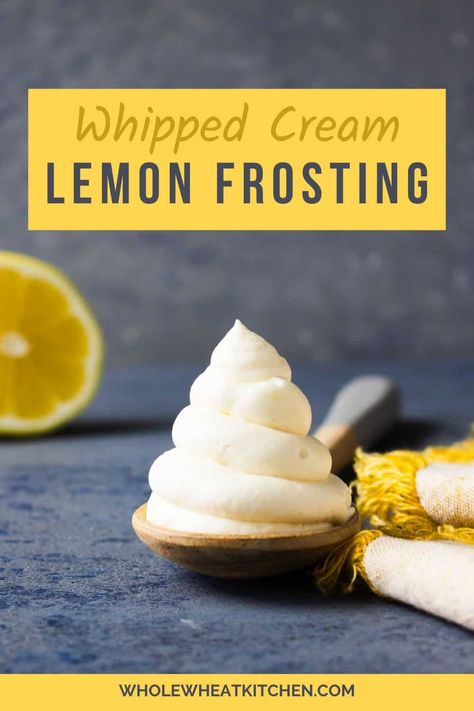 Super fluffy whipped lemon cream cheese frosting. The bold lemon flavor comes from fresh lemon juice and zest. This frosting is made without butter and comes together quickly and easily. It is perfect for topping lemon desserts. Cream Cheese Frosting With Lemon Juice, Lemon Whipped Cream Frosting, Lemon Frosting Recipe, Whipped Lemon Frosting, Lemon Frosting Recipes, Berry Pie Filling, Stabilized Whipped Cream Frosting, Lemon Whipped Cream, Whipped Cream Cheese Frosting