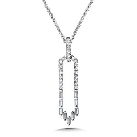 Birmingham Jewelry Item Number: PDD3501-W Type: Pendant Style: Fashion Jewelry14K White Gold Pendant Dangling below a diamond bail, this trendy pendant features a narrow hexagon pendant accented with round diamonds on top and baguette-cut diamonds on the bottom, creating a very modern-chic necklace design. Total Diamond Weight: 0.25ct approx. *The possibilities are not limited to the options in the dropdown. For pricing on further customizations & special options, please call: 1-586-939-5100 Baguette Jewelry, Unique Diamond Pendant, Trending Jewellery, Hexagon Pendant, Couple Ring Design, Diamond Pendants Designs, Diamond Fashion Jewelry, Simple Pendant, Disney 100