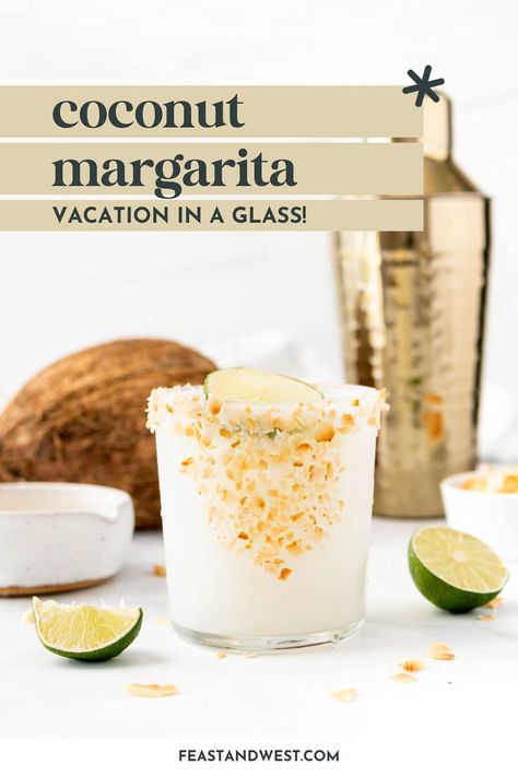 With a toasted coconut rim, these creamy coconut margaritas are full of coconut flavor and taste like a tropical vacation in a glass! Coconut Chilli Margarita, Coconut Water Margarita, Coconut Cream Margarita, Frozen Coconut Margarita, Coconut 1800 Drink Recipes, Summer Entertaining Recipes, Coconut Tequila, Margarita Gifts, Blue Recipes