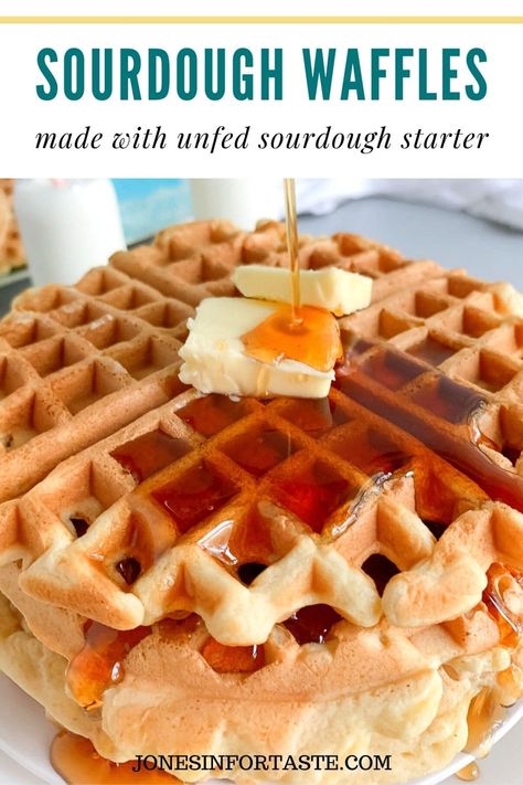 These delicious Sourdough Waffles are such a treat that can be enjoyed for either breakfast, brunch, lunch, or dinner any day of the week.  Made with unfed sourdough starter they are delicious way to use sourdough starter discard. Sourdough Discard Protein Waffles, Sourdough Waffles Overnight, Gluten Free Sourdough Waffles, Discard Sourdough Breakfast Recipes, Sourdough Waffles Discard, Sourdough Discard Waffles Quick, Sourdough Discard Waffles, Discard Waffles, Sourdough Starter Pancakes