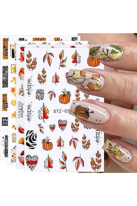 JMEOWIO 9 Sheets Fall Autumn Nail Art Stickers Decals Self-Adhesive Pegatinas U?as Pumpkin Maple Leaf Thanksgiving Nail Supplies Nail Art Design Decoration Accessories Nail Art Tattoo, Nail Decals Diy, Thanksgiving Nail Art, Autumn Nail, Pumpkin Nails, Heart Nail, Nail Art Stickers Decals, Manicure Tips, Nail Art Sticker