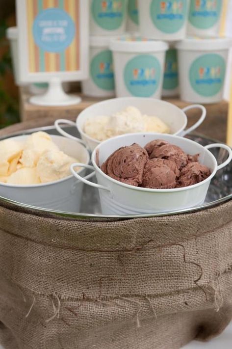 Pre-scoop ice cream into a bucket and place in large ice filled bucket for party time. How To Serve Ice Cream At A Party, Ice Cream Bar Ideas, Ice Cream Station, Ice Cream Party Invitations, Ice Cream Party Ideas, Ice Cream Party Decorations, Ice Cream Sundae Bar, Print Labels, Ice Cream Stand