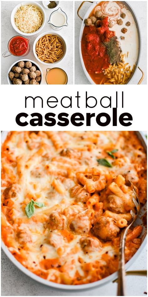 This easy Meatball Casserole Recipe is a hearty and delicious one-pan pasta casserole consisting of juicy cooked meatballs and pasta, baked in a rich and creamy mixture of marinara sauce, heavy cream, chicken broth, and melted cheese. It’s the ultimate weeknight dinner. Chicken Meatballs And Pasta, Amazing Meatballs, Chicken Marinara Pasta, Heavy Cream Chicken, Meatballs And Pasta, Pasta Meatballs, Meatball Casserole Recipe, Postpartum Meals, Pan Pasta