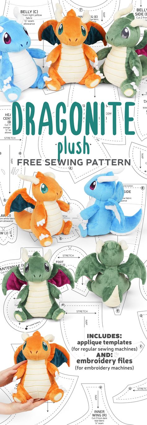 Free Pattern Friday! Dragonite Plush – Sew Desu Ne? Charizard Plush Pattern, Dragonite Plush, Dragon Plushie Pattern, Pokemon Pillow Diy, Dragon Plushie Pattern Free, Sewing Plushies Free Pattern, Pokemon Plush Pattern, Dragon Sewing Pattern, Sewing Patterns Free Plushies