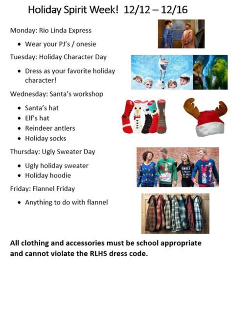 Holiday/ Christmas spirit week flyers 2016 Xmas Spirit Week, Christmas Spirit Week School, Holiday Dress Up Spirit Week Christmas, December Dress Up Days For School, Holiday Dress Up Days For School, Office Christmas Spirit Week Ideas, Holiday Spirit Week Outfits, Christmas Dress Up Days For School, Holiday Dress Up Spirit Week