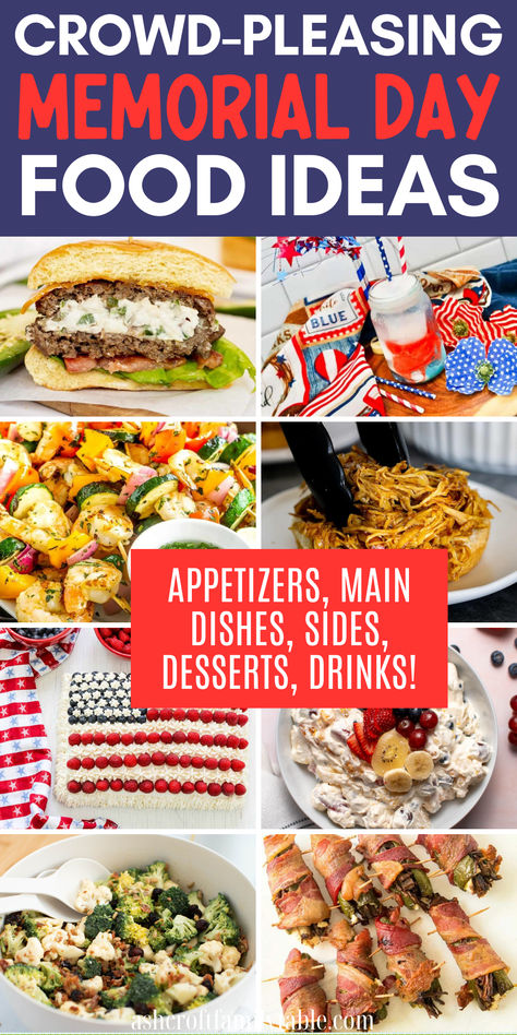 Collage of Memorial Day party food ideas, including appetizers, main dishes, sides, desserts, and drinks. Memorial Bbq Ideas, Red White And Blue Side Dishes, Memorial Day Cookout Side Dishes, Memorial Day Bbq Side Dishes, Memorial Day Potluck Dishes, Memorial Day Cookout Ideas, Memorial Day Sides Dishes, Ideas For Bbq Party Food, Memorial Day Menu Ideas