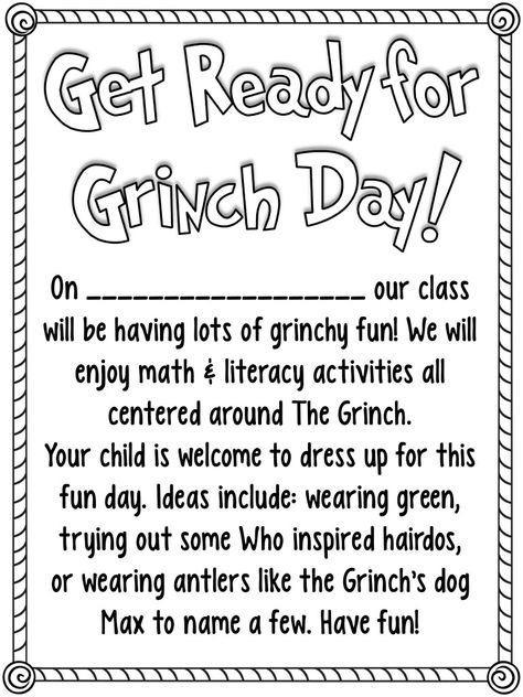 FREEBIE! Cute note to send home about Grinch Day Grinch Day, School Diy Ideas, December Lessons, Math Literacy Activities, December Kindergarten, Cute Note, Christmas Lesson, Teaching Holidays, Christmas Teaching