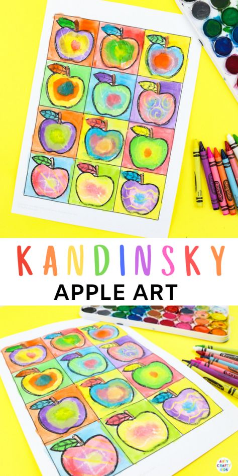 Arty Crafty Kids | Kandinsky Inspired Apple Art for Kids. A fun and playful early Autumn art and craft project for kids. Perfect for studying colour creation. Kandinsky Apple Art, Apple Art Projects For Kids, Apple Art Projects, Art Kandinsky, Apple Template, September Art, Art Apple, Art Project For Kids, Arte Doodle