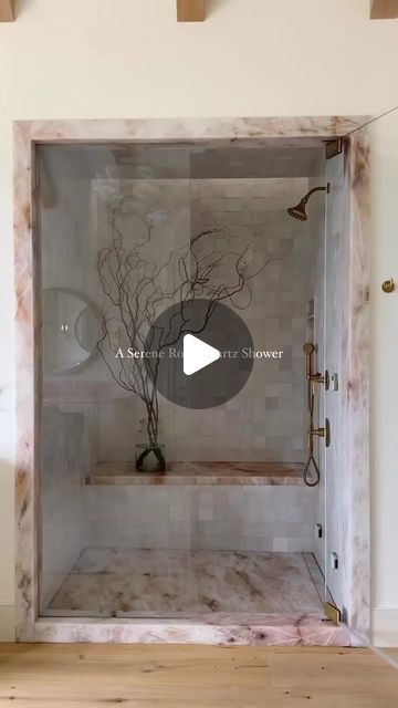 This rose quartz slab and zellige tile is just 👌🏻- can’t get over this combo! Could you go pink in your shower?? Oh and that skylight is so good. Design and Video @jaquiseerman  Bathroom Shower Slab Tile Quartz Bathroom, Bathroom Ensuite, Becki Owens, Quartz Slab, Master Bath Remodel, Zellige Tile, Go Pink, Bathroom Spa, Steam Showers