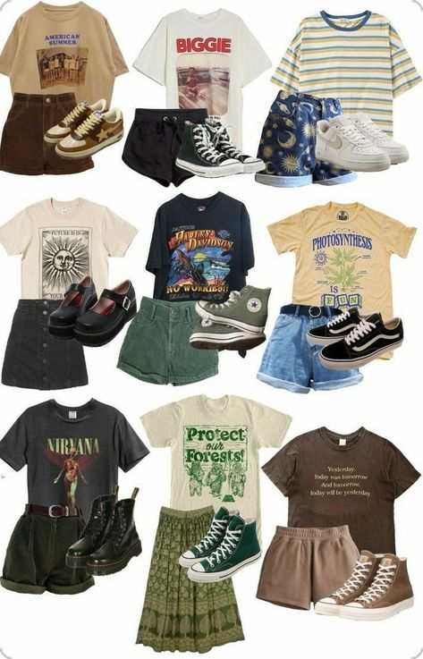 Retro Core Outfits, Baggy Indie Outfits, Queer Fashion Summer, Retrocore Outfits, Downtown Outfits Summer, Comfy Grunge Outfits, Thrift Shop Outfit, Summer Grunge Outfits, Grunge Summer Outfits