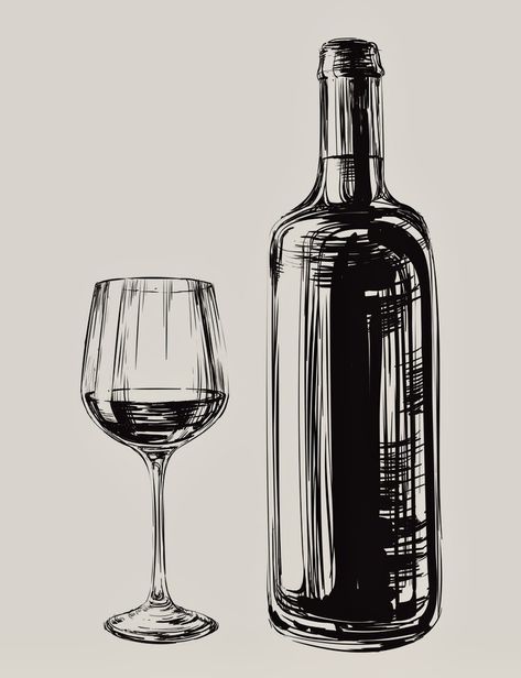 Wine Bottle Drawing, Wine Glass Drawing, Wine Glass And Bottle, Bottle Drawing, Pen Art Drawings, Object Drawing, 4 By 4, Wine Bottle Art, Plakat Design