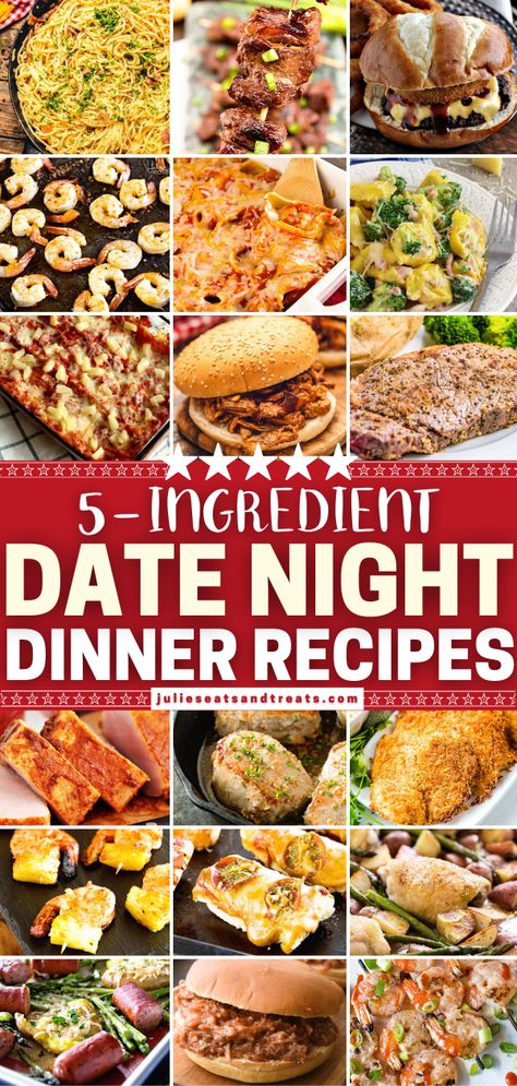 Spending a romantic Valentine's Day dinner at home with the one you love? Check out a ton of these menu ideas! 5 ingredients are all you need to make these quick and easy recipes for date night. Light some candles and enjoy one of these easy meals for two! Save this pin! Romantic Meals For Two At Home, Couples Dinner Recipes, Date Night Meals At Home, Recipes For Date Night, Saturday Dinner Ideas, Date Night Dinner Recipes, Easy Fancy Dinner, Recipes For Newlyweds, Easy Romantic Dinner