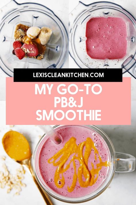 This Peanut Butter and Jelly Smoothie has become my new staple smoothie that my whole family loves, including my baby! It's nutrient-dense, filling, and tastes just like a peanut butter and jelly sandwich, in smoothie form. It's delicious! Peanut Butter And Jelly Smoothie, Pb And J Smoothie, Freezer Smoothie Packs, Filling Smoothie, Peanut Butter And Jelly Sandwich, Lexi's Clean Kitchen, Jelly Sandwich, Protein Smoothie Recipes, Peanut Butter Smoothie