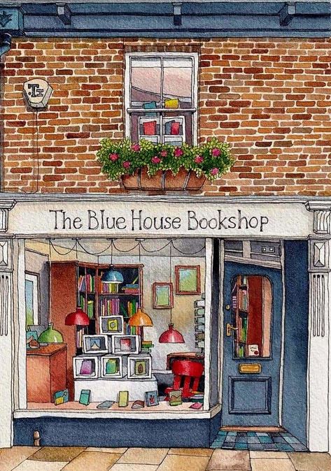 Watercolour Shop Painting, Art Shop Illustration, Building Illustration Watercolor, Bookstore Watercolor Painting, Pen And Watercolor Architecture, Watercolor Storefronts, Building Illustration Sketch, Watercolor Art House, Building Watercolor Painting