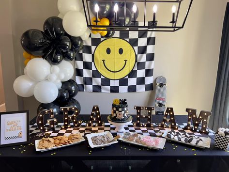 Smiley Face Lightning Bolt Cake, Smiley Face Third Birthday, Rad Party Theme, Checkered Party Ideas, Smiley Face Birthday Party Food, One Cool Dude First Birthday Party Cake, Smiley Face Checkered Birthday Party, One Happy Dude First Birthday Food Ideas, One Cool Dude First Birthday Party Decor