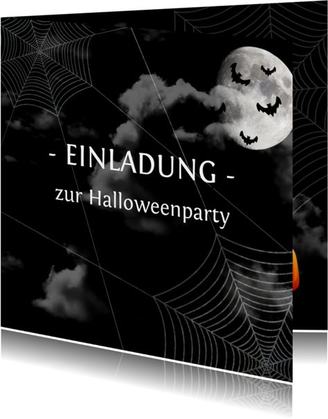 Einladung zur Halloweenparty mit schwarzem Himmel und Spinnennetzen. Nur eigene Texte ergänzen! (Für quadratische Karten fallen extra Portokosten an.) Black Sky, A Smile, Halloween, Movie Posters, Black, Film Posters