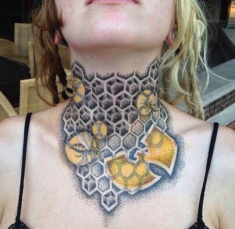 The bee hive Honeycomb Neck Tattoo, Tattoo Honeycomb, Wu Tang Tattoo, Wonder Woman Tattoo, Urban Tattoos, Honeycomb Tattoo, Throat Tattoo, Neck Tattoos Women, Sick Tattoo