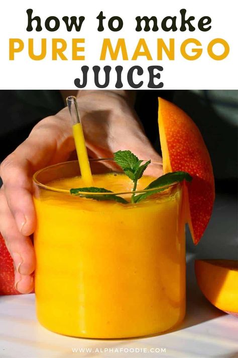 How to make mango juice (or mango nectar) with just 2 ingredients (no added sugar), 5 minutes, and a blender! It's sweet, fruity, summery, and super refreshing. Mango Juice Recipe, Homemade Juices, Cold Drinks Recipes, Mango Lemonade, Water For Health, Indian Drinks, Coffee And Hot Chocolate, Banana Benefits, Vegetarian Comfort Food