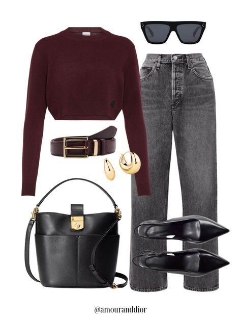 A cozy burgundy sweater with black vintage jeans Burgundy Outfit Ideas Classy, Burgundy Jeans Outfit Fall, Wine Red Outfit Ideas, Burgundy And Black Outfit, Burgundy Outfits For Women, Burgundy Jeans Outfit, Maroon Sweater Outfit, Burgundy Cardigan Outfit, Burgundy Outfit Ideas