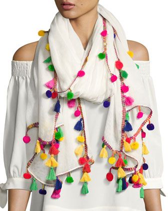 Multicolor+Pompom+Tassel+Scarf,+White+by+Neiman+Marcus+at+Neiman+Marcus+Last+Call. Pompom Tassel, Crochet Infinity Scarf Pattern, Stile Boho Chic, Infinity Scarf Pattern, شال كروشيه, Crochet Infinity Scarf, Flower Scarf, Scarf Women Fashion, Scarf Fashion