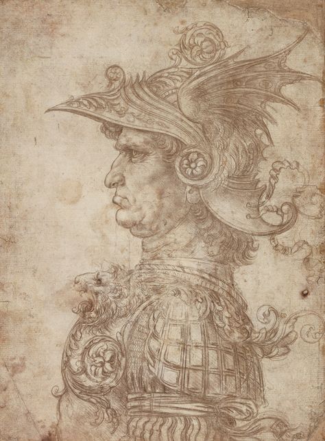 bust of a warrior in a winged helmet | leonardo da vinci | 1480 | Trivium Art History Silverpoint Drawing, Artemisia Gentileschi, Fra Angelico, Istoria Artei, Master Drawing, Caravaggio, British Museum, A Drawing, Classic Art