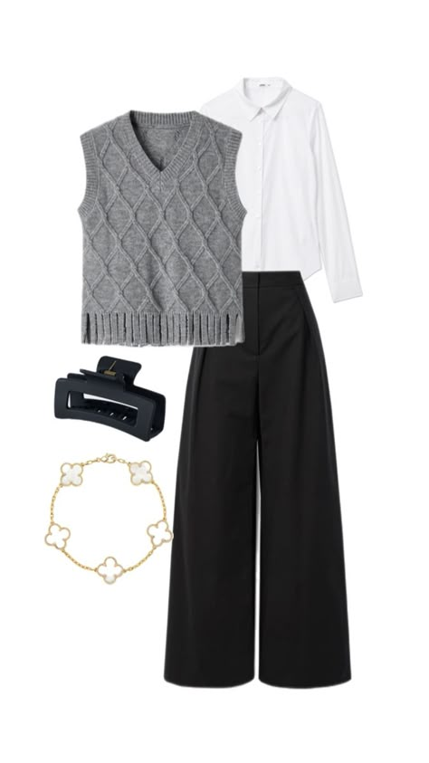 Chemise + pentalon noir + pull sans manche gris  outfit du jour Outfit Soiree Simple, Outfit Pantalon Noir, Chemise Outfit, Outfit Soiree, White Blouse Outfit, Outfit Basic, Costume Noir, Work Fits, Mama Style