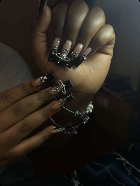 Black French Tip Nails With Cross Gem, Black French Tip Inspo Nails, Black Nail Sets Y2k, Black French Tip Nails Square With Cross, Black Nails With Cross Gem, Black French Tip Nails Chrome Hearts, Black Acrylic Nails With Cross Charm, Black Nd Silver Nails, Black French Tip Nails With Jewels