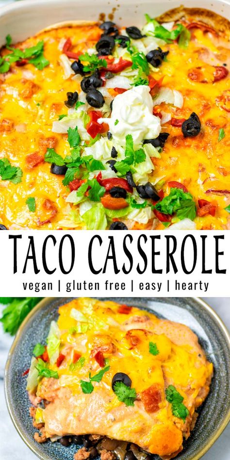 Delicious and filling: this Taco Casserole is easy to make and will be a family favorite in no time. It comes together in around 30 minutes. You even can't tell it is vegan. #vegan #dairyfree #glutenfree #vegetarian #30minutemeals #tacocasserole #dinner #contentednesscooking #lunch #mealprep Vegan Taco Bake, Vegan Chili Relleno Casserole, Vegan Crockpot Casserole Recipes, Vegan Mexican Dishes, Vegan Ground Beef Recipes, Easy Vegan Casserole Recipes, Easy Vegan Casserole, Vegetarian Taco Casserole, Vegan Taco Casserole