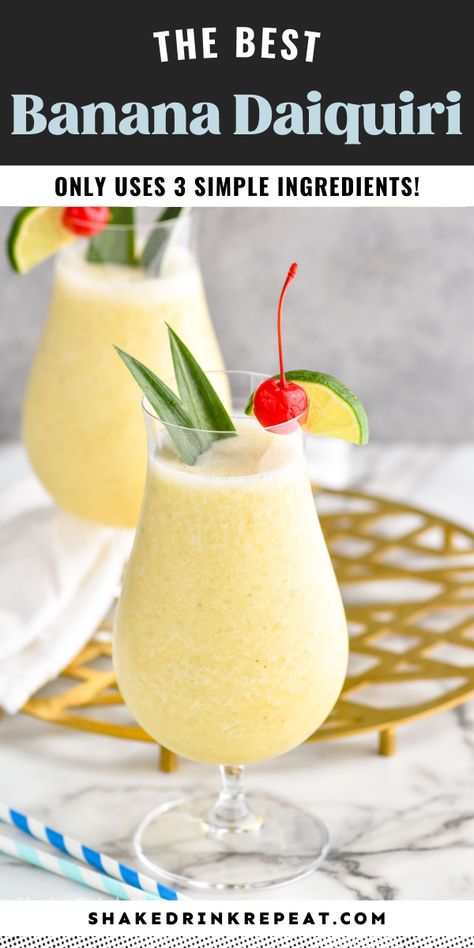 A Frozen Banana Daiquiri is a blended delight starring coconut rum, a splash of orange liqueur, tart lime, and bananas. This creamy and refreshing cocktail is perfect for a hot day. Banana Liqueur Drinks Cocktails, Banana Daiquiri Recipe, Daquiri Recipe Traditional, Banana Cocktail Recipes, Frozen Mixed Drinks Alcohol, Banana Liqueur Drinks, Blended Alcoholic Drinks, Banana Rum Drinks, Blended Cocktail Recipes