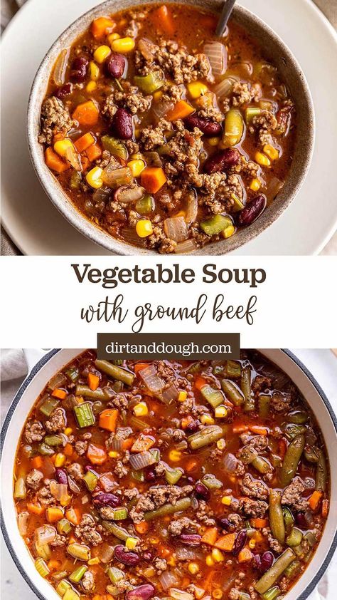 This is a bowl of soup the entire family will love and makes great leftovers. Ground beef and vegetable soup features tons of fresh veggies, hearty ground beef all simmered in a tomato, beef stock. Spicy Vegetable Beef Soup, Ground Beef Vegetable Soup, Soup Ground Beef, Weeknight Soup, Beef Veggie Soup, Beef And Vegetable Soup, Tomato Beef, Recipe Ground Beef, Beef Vegetable Soup