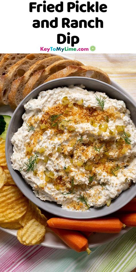 A bowl of fried pickle and ranch dip with title text at the top. Fried Pickle And Ranch Dip, Easy Fried Pickles, Toasted Baguette Slices, Dip For Potato Chips, Fried Dill Pickles, Dill Pickle Dip, Ranch Dip Recipe, Baguette Slices, Toasted Baguette