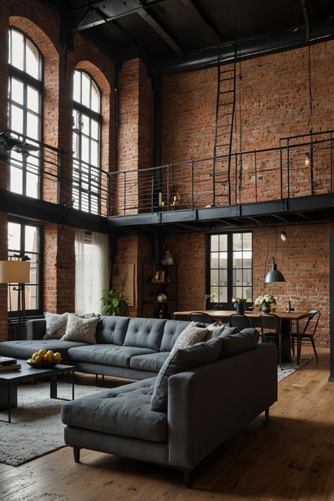 Create a chic modern loft that seamlessly blends industrial elements such as exposed brick walls and sleek metal beams. This contemporary space is perfect for urban living, offering a stylish and functional design. 

#ModernLoft #IndustrialDesign #ExposedBrick #MetalBeams #UrbanLiving #ContemporaryHome #LoftDesign #InteriorDesign #ModernDecor Exposed Brick Loft Apartments, Brick Apartment Aesthetic, Brick Loft Apartment, Exposed Brick Loft, Exposed Brick Apartment, Modern Loft Decor, Cozy Industrial Living Room, Loft Decor Ideas, Modern Industrial Living Room