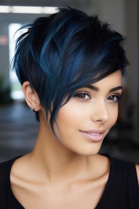 Pixie Hairstyles Black Hair, Edgy Hair Pixie, Black Pixie With Highlights, Red And Black Pixie Cut, Pixie Hairstyles Color Ideas, Short Hair Fashion Color, Blue Black Hair Color Short, Pixie Haircut Plus Size, Short Asymmetrical Haircut Fine Hair