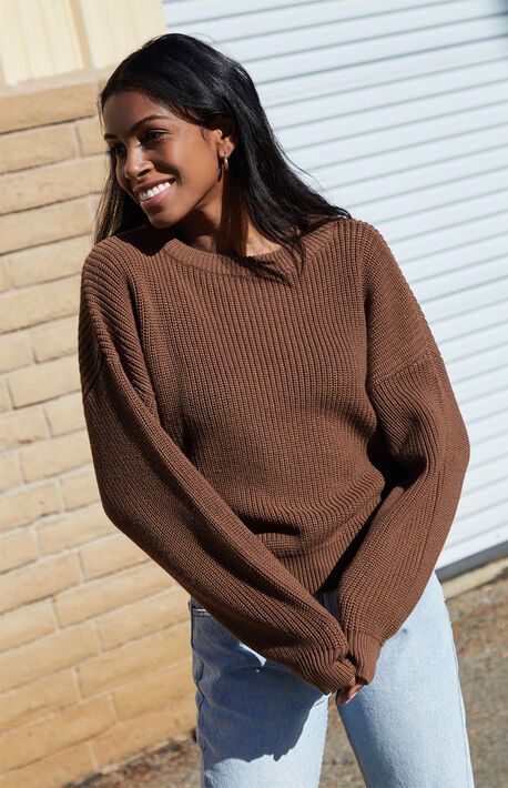 Brianna Sweater, Artist Ideas, Brown Knit Sweater, Denim Bottoms, Argyle Sweater Vest, Off The Shoulder Tops, Solid Color Sweater, Fuzzy Cardigan, Henley Sweater