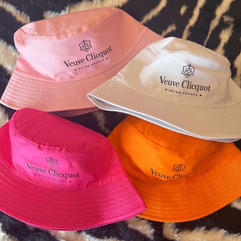 Sip, sip, hooray! These Veuve Clicquot Bucket Hats are the perfect accessory for a boat day full of popping champagne! Veuve Before Vows Outfits, Bucket Hat Bachelorette, Veuve Clicquot Birthday Party Theme, Veuve Clicquot Bachelorette Party, Bachelorette Bucket Hats, Veuve Before Vows Bachelorette, Popping Champagne, Veuve Cliquot, Hannah Grace