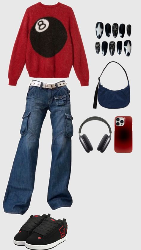 #navy, #red and #black #outfit ! / #billiard #billardball #sweatshirt #cargo #jeans #cargojeans #billiardoutfit #billiardsweater #iphone #airpodsmax #aestheticoutfit #outfitidea #pinterest #pinterestcollages #collage #1eenoo #leenxm Red And Black Outfit, Cargo Outfit, Cargo Jeans, Outfit Idea, Black Outfit, Red And Black, Aesthetic Clothes, Collage, Navy