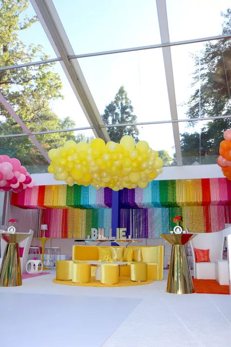 The most incredible rainbow Bat Mitzvah was filled with clouds of bright décor, literally. Each lounge area was topped with a whimsical color-blocked balloon arrangement hovering over chic and modern furniture. The walls were draped in a rainbow of hues, as was the bar, stage backdrop, and more. Come see the full celebration and get inspired for your own event. Corporate Event Decoration, Bar Stage, Balloon Arrangement, Bat Mitzvah Themes, Pride Party, Balloons Galore, Rainbow Backdrop, Mitzvah Themes, Deco Ballon