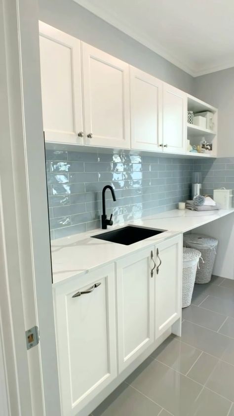 coastalhamptonstyle on Instagram: Loving the simplicity yet chic use of tiles in this powder room 👌 + the lovely use of blue subway tiles in the laundry. I’ve always thought… Subway Tile Laundry Room, Blue Subway Tile, Subway Tiles, Blue Tiles, Home Reno, Subway Tile, Powder Room, Laundry Room, Bathroom Design