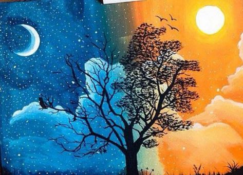 Night and Day Tree Night And Day Art, Oak Tree Drawings, Drawing Night, Scenery Drawing For Kids, Art Competition Ideas, Drawing Scenery, Tree Painting Canvas, Cherry Blossom Painting, Moonlight Painting