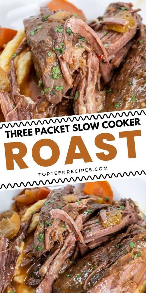 Stop looking for the perfect pot roast recipe. This is it. Perfectly tender, juicy, and flavorful 3 envelope roast. Honestly, I had my doubts about this one, but oh man, was I surprised! Rump Roast Crock Pot Recipes, 3 Envelope Roast, Roast With Vegetables, Crockpot Roast Recipes, Perfect Pot Roast, Slow Cooker Roast Beef, Steak Bites Recipe, Best Pot Roast, Pot Roast Recipe