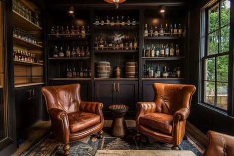 How to Set Up Your Home Whiskey Lounge Bar Sitting Area In Home, Whisky Lounge, Whisky Room, Mancave Office, Back Bar Design, Parents Retreat, Pub Interior Design, Navy Blue Kitchen Cabinets, Whiskey Lounge