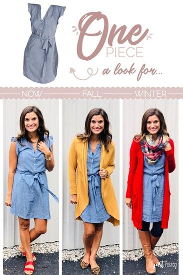 One chambray dress, three ways! #justpostedblog #ShopStyle #shopthelook #MyShopStyle #OOTD Denim Dress Outfit, The Cardigans, Chambray Dress, Shop The Look, Dress Outfit, Looks Style, Fall Winter Outfits, Work Fashion, Fall And Winter