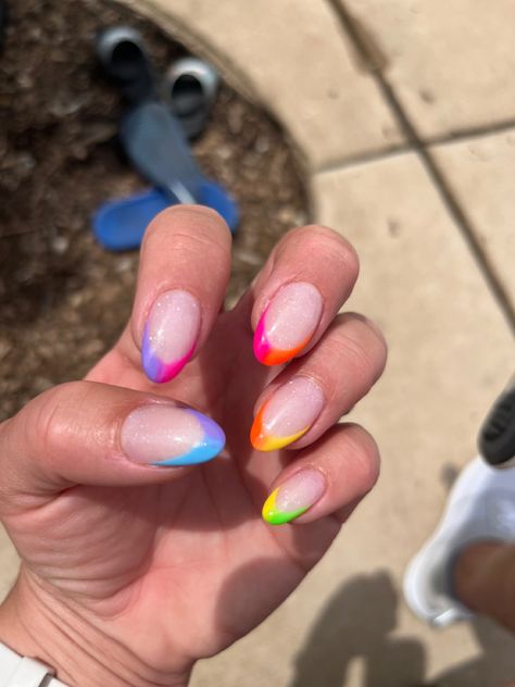 Rainbow Nails Dip Powder, Neon Rainbow French Tip Nails Almond, Pride Nails Classy, Ombre Pride Nails, Pride Nails Almond Shape, Pride Pedicure Ideas, Pride Ally Nails, Pride Nails Almond, Pride Nails 2023